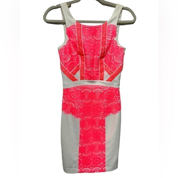 Gianni Bini White Sleeveless Mini Sheath Dress Neon Pink Lace - Picture 1 of 8